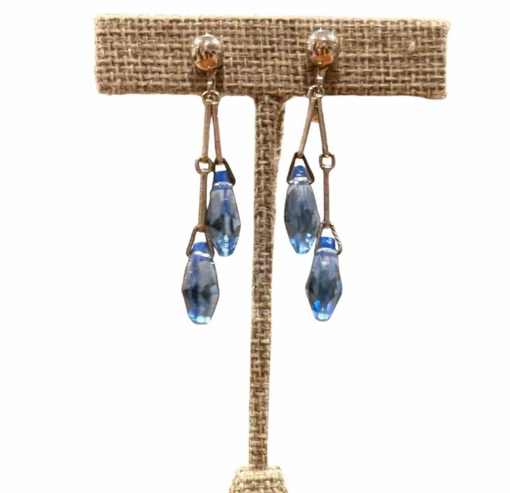 Vintage Faceted Pale Blue Art Glass Double Teardrop Dangle Screw Back Earrings